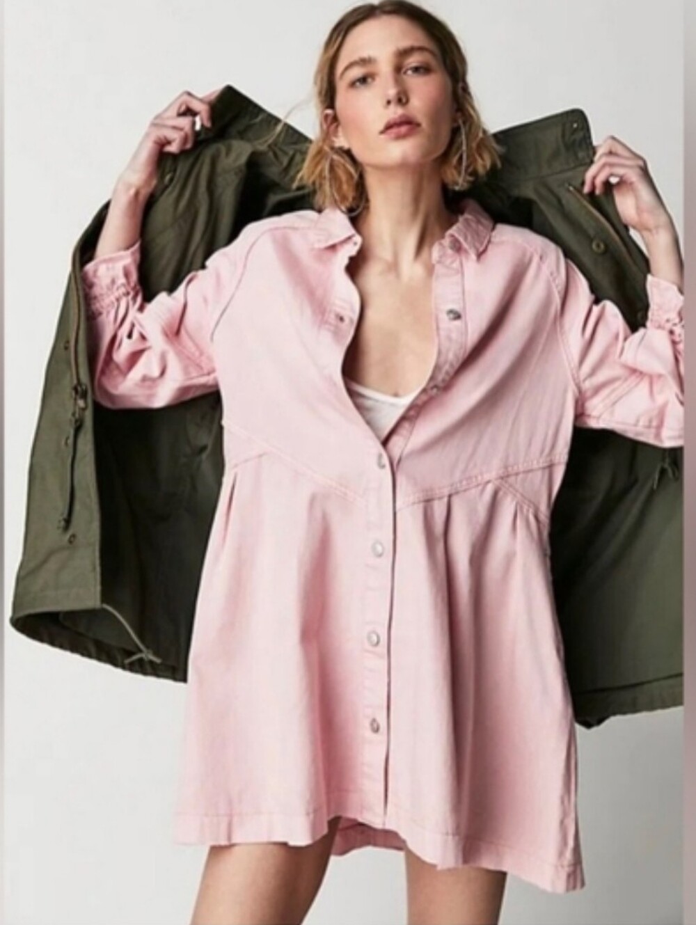We the Free Hannah Denim Mini Dress Pink w/Elastic Sleeves Button Down Sz. Large